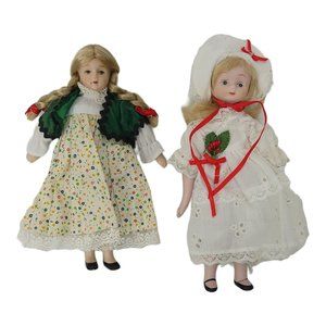 Vintage Porcelain Dolls 7 3/4" Alpine Floral Dress Holiday Eyelet Holly Berries